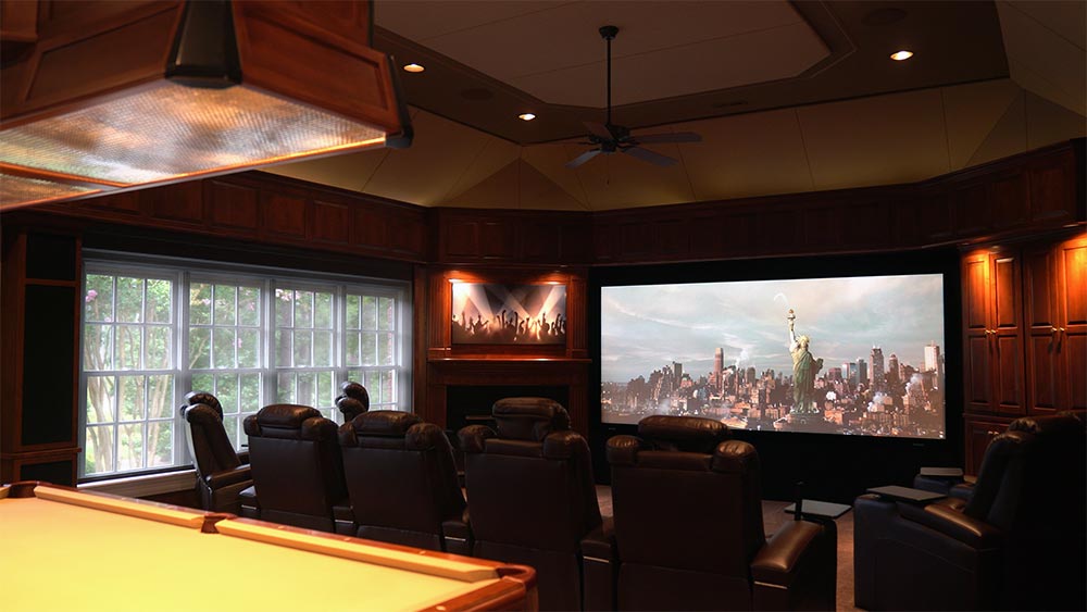 Photo of home theater room after dmf high-performance lighting is added with windows open