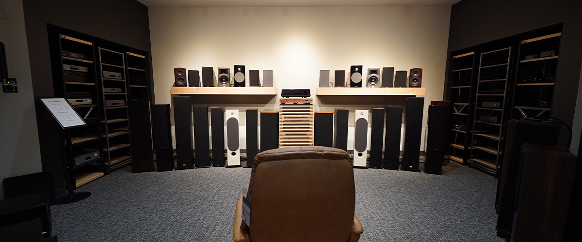 Showroom with tower speaker lineup