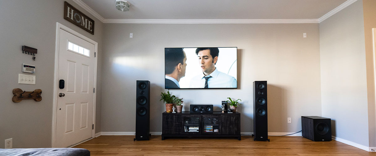 heco aurora home theater setup in living room