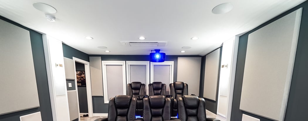 Home theater with four Revel C783 In-Ceiling Atmos Speakers