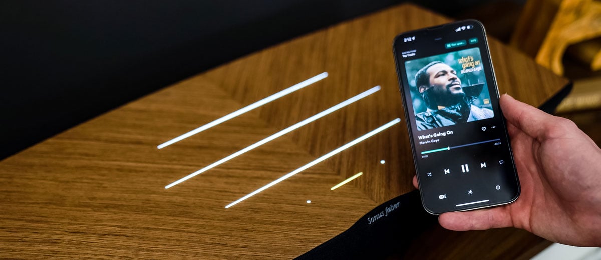 Sonus Faber Omnia top view with smartphone streaming music.