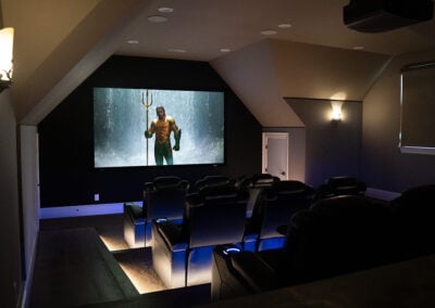 Angled view from back of home theater facing projection screen
