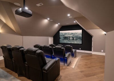 View from side of home theater facing projection screen