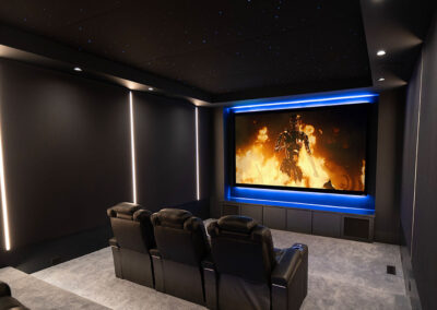 Side view of home theater seating and screen