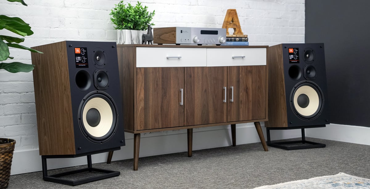 JBL L100 Classic MKII Speakers without grills on either side of a console cabinet